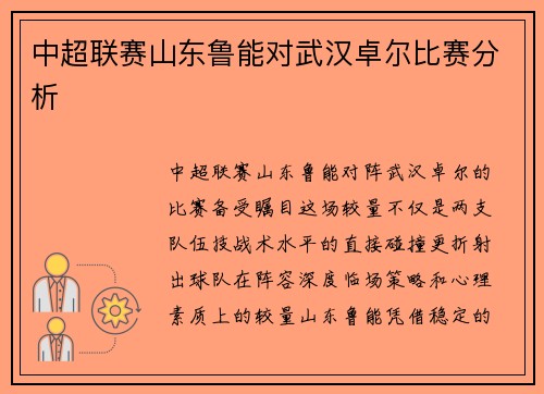 中超联赛山东鲁能对武汉卓尔比赛分析