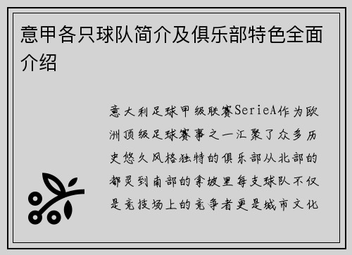 意甲各只球队简介及俱乐部特色全面介绍